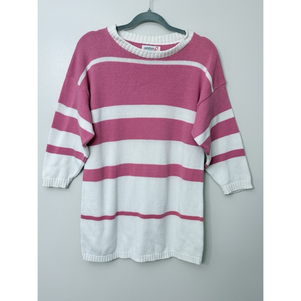 Pandora Striped Tunic Sweater Women's Medium Pink White Vintage Retro Preppy